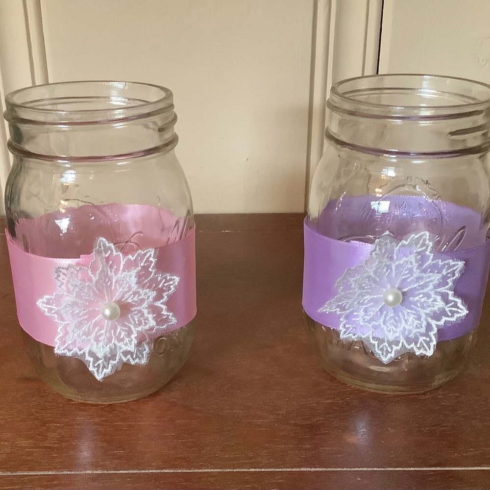 2 Mason jar candleholders embellished with ribbon & lace flower…you pick color